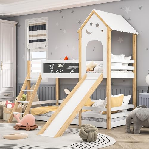 BEIJIALY Lit superposé, avec échelle et toboggan, 90 x 200 cm, pour 2 enfants, avec protection anti-chute, 2 sommier à lattes et tableau d'écriture, lit superposé, aire de jeux, cadre en bois, naturel