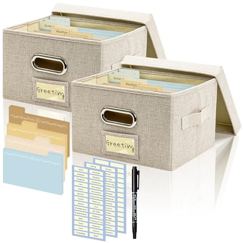 Remowith Leinen Karten-Organizer-Set 2er-Pack, Beige | 2 Leinen-Boxen, je 20 Trennwände & Etiketten, Aufbewahrer für Karten & Fotos, kompakt & stabil