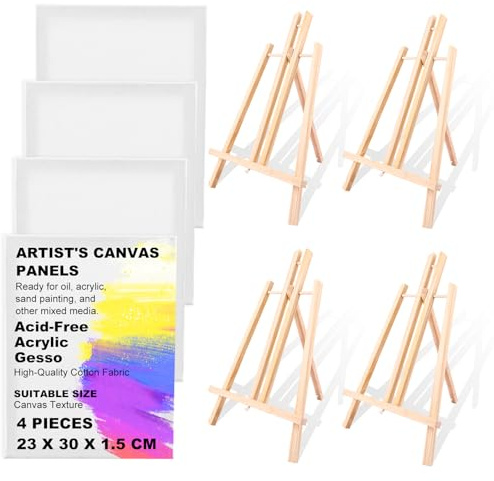 AKOLAFE 4 Stück Leinwand mit Staffelei Klein Leinwand Ständer Set (Leinwande 23x30 cm und Staffelei 23x40 cm), Mini staffelei Holz Tischstaffelei mit leinwand zum Bemalen mit Ständer Set für Malerei