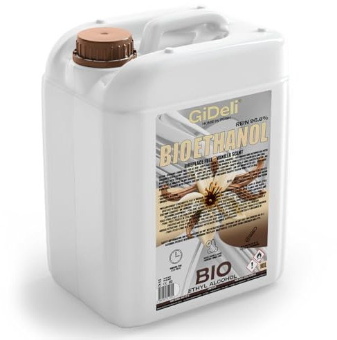 GiDeli Bioéthanol 10 l Parfum vanille 96,6 % éthanol pour cheminée intérieure et extérieure Sans fumée ni suie Fabriqué à partir de maïs et de betteraves sucrières