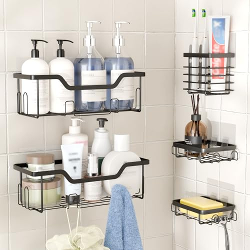 Cubbiesavor Shower Caddy 5 Pack, Stainless Steel Shower Shelf No Drilling with Toothbrush, Razor and Soap Holder Set, Black Bathroom Accessories, Kitchen Wall Mounted Corner Decor