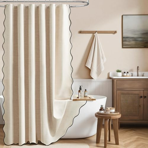BTTN Duschvorhang 184x200 cm Leinenoptik wasserdicht mit Wellenkante, Beige | 12 Plastikhaken, Rückseitig Laminiert Wasserdicht, Leinenoptik Boho Chic, Anti-Schimmel, Beschwerter Saum, Maschinenwaschbar