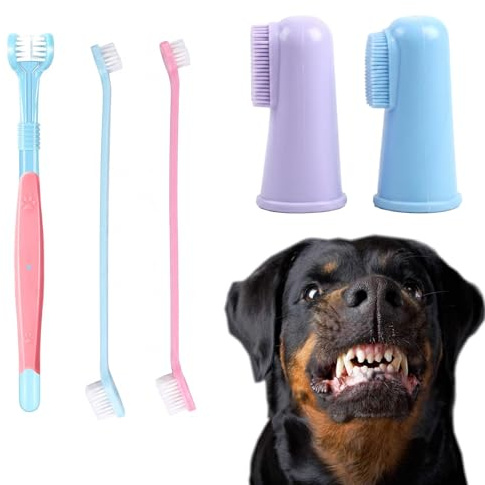 Cepillo de Dientes Perro y Gato (Set de 5), Kit de Limpieza Dental para Perros Pequeños y Grandes, Incluye Cepillo de 3 Cabezales, Cepillos de Dedo de Silicona y Mango Largo para Sarro y Mal Aliento