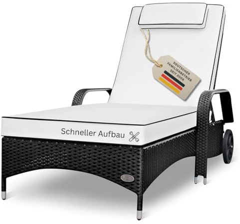 RS Trade Sonnenliege Gartenliege Wetterfest Rattan – XXL Relaxliege extra breit mit Rollen & Armlehnen, Verstellbar, bis 200kg, Outdoor Liege für Garten, Terrasse & Balkon, schwarz mit weißer Auflage