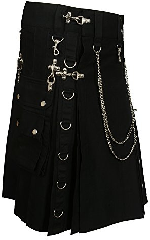 Scottish Designer Black Fashion Gothic Kilt with Silver Chains (Belly Button 44)