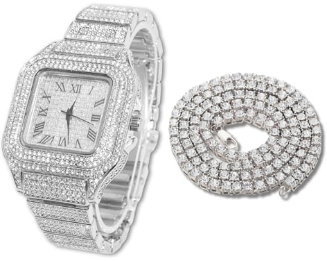 Halukakah Diamant Golduhr Iced Out, Männer 18k Echtgold/Platin Weißgold Plattiert Quarz Armband 24cm Quadratisch Zifferblatt, mit Tennis-Ketten Halskette Armband-Set Optionen, Kommt mit Geschenkbox