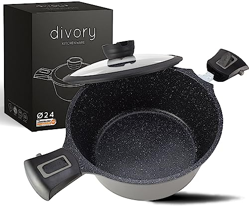 DIVORY Grande marmite 24cm - 7L avec couvercle, légumes induction, à soupe avec poignées amovibles, à viande haute