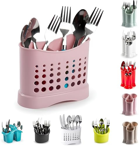 Escurridor de cubiertos de plástico de, 2 compartimentos, escurridor de utensilios para el hogar y la cocina (Rosa, diseño 1)