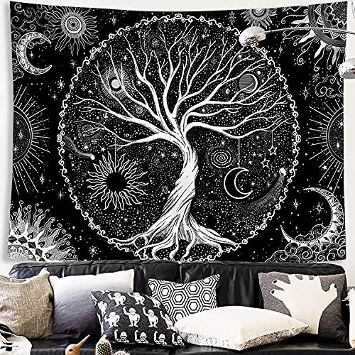 DÉCOCO Baum des Lebens Wandteppich, Schwarz und Weiß, Galaxie, Wandbehang für Schlafzimmer (180 x 230 cm)