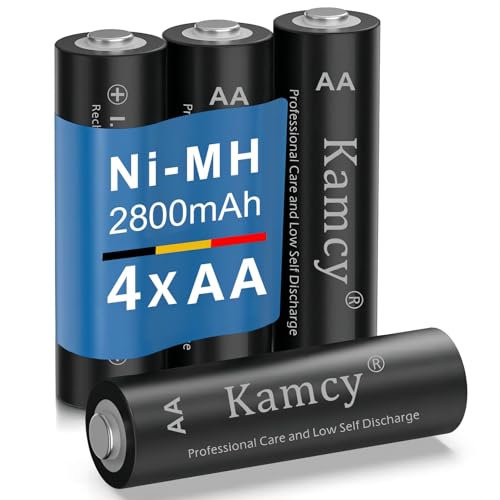Batterie Ricaricabili AA ad Alta Capacità 2800mAh, KAMCY Pile Ricaricabili Stilo AA 1,2V Ni-MH (1200-1500 cicli, Pre-caricate, confezione da 4)