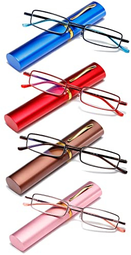 OWTXIS 4 Pack Slim Pen Reading Glasses for Men Women, Blue Light Blocking Compact Reader Glasses with Portable Clip Case, +2.50