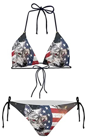 Howilath Bikini Set Sexy 2 Pices Bikini Costume Da Bagno Imbottito Stringa Triangolo Costumi Da Bagno Per Le Donne, Palm Floreale Avoc, Modello Lupo Bandiera Americana, S