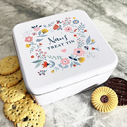 Fingerprint Designs Square Pastel Blue Floral Wreath Nans Biscuit Sweets Cake Treat Tin - Birthday Present Idea - Mother's Day Gift