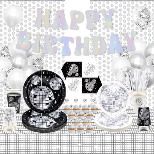 70er Jahre Disco Partyzubehör, Geschirr, Inklusive Banner, Teller, Cupcake Topper, Servietten und mehr für Disco, Geburtstag, Picknick für 20 Personen (Set A)
