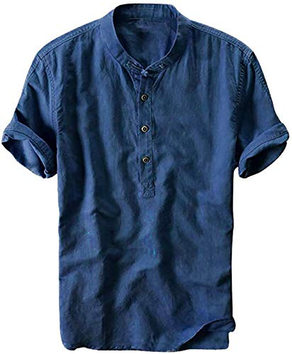 Chemise Lin Homme Manche Courte Shirts Casual (FR/ES, Alpha/Lettres, 5TG, Taille Normale, Taille Normale, Bleu foncé)