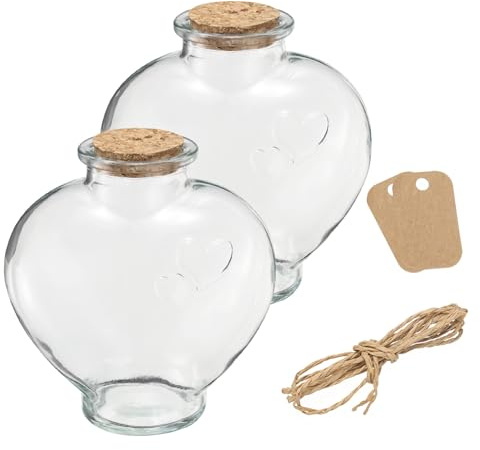 sourcing map 2 Pcs 18 oz/600ML Heart Shaped Glass Jars With Cork Stoppers, Clear Message Wishing Bottle with Twine and Blank Tags for Halloween Decorations, Wedding Shower Favors