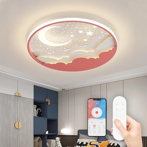 Lampara de Techo Infantil LED, Lámpara de Techo Creative Star and Moon, Lampara Techo Dormitorio 3000K-6000K Regulable con Control Remoto, Luz de techo para Dormitorio de Niños y Niñas, Rosa,50cm
