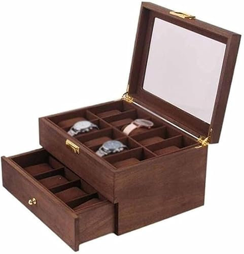 MYVVKIA 10/20 Gitter Doppelschichtige Retro-Uhrenbox aus Walnussholz Uhrengehäuse Boxen Aufbewahrungs-Organizer für Herrenuhren Damen