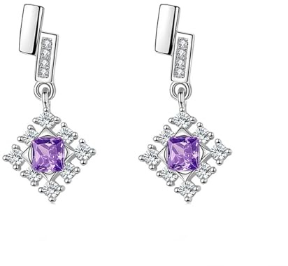 Homxi Boucles d Oreilles Pendante Femme Violet,Boucle Doreille Femme Cuivre Boucles d'Oreilles Géométrique avec Carré Zircon Cubique Femme Boucle d'Oreilles Violet