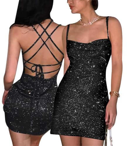 AOWVUTS Sexy Brillantina Mini Vestido Mujer Vestido Corto Sin Manga Sin Espalda Wrap Vestido Bodycon Elegante Dress Slim Fit Elástico para Cóctel Club Noche Fiesta