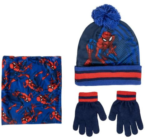 SPIDER-MAN Marvel Mütze, Schlauchschal und Handschuhe, 3-teilig, Winter-Set, Kinder-Bommelmütze, Geschenk, Rot / Marineblau / Blau, 2-8 Years