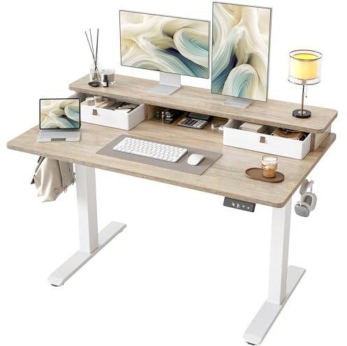 TIQLAB Standing Desk with Two Drawers, Stand Up Standing Desk Adjustable Height, Electric Sit Stand Table with Storage Shelf and Splice Board, 48 * 24 inch, Maple