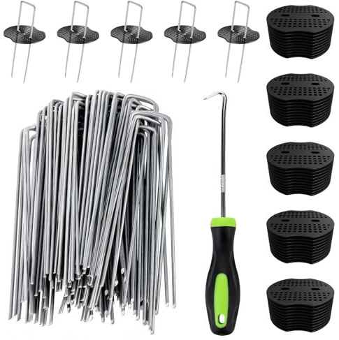 50 Stück Erdanker+Pufferscheibe, Anti-ROST Bodenanker, Verzinkte Stahlklammern Heringe, U-Förmige Erdnägel, Gartenpflöcke mit 1 Hacken für Unkrautvlies, Gartenvlies, Zaun, Camping, 15x3.5cm - Ø2.2mm