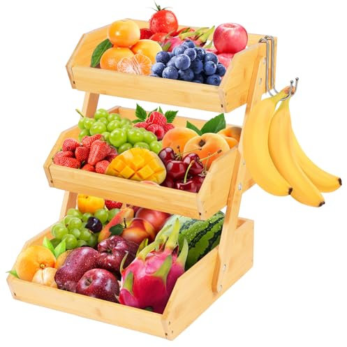 3-Tier Bamboo Fruit Basket Bowl Holder - Natural Vegetable Organizer with 2 Banana Hangers for Kitchen Countertop | for Produce, Potato, Onion, Bread & Snack Storage Display Stand Rack Self-assembly