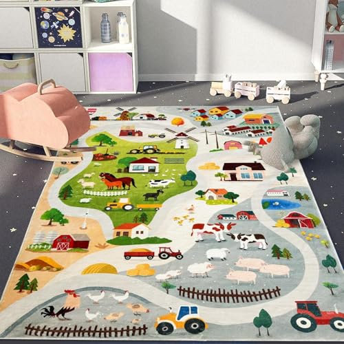 Spielmatte Bauernhoftiere Teppich Für Jungen Straßen Autoteppich Fahrzeugspur Teppich Für Schlafzimmer Spielzimmer Heimdekoration (1,50 x 80 cm)