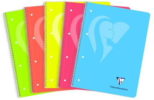 Clairefontaine 598723C - Collegeblock Spiralheft Mimesys A4+, 120 Blatt 90g, kariert mit Kopfleiste, 4-fach gelocht, Neon Farben sortiert, 1 Stück