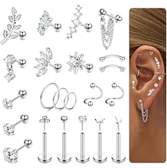 KRFY 22Pcs Helix Piercing Joyería Threadless Flat Back Pendientes Studs 316L Acero Quirúrgico Cartílago Tragus Pendientes Set Hipoalergénico Concha Daith Tragus Piercing Joyería Plata
