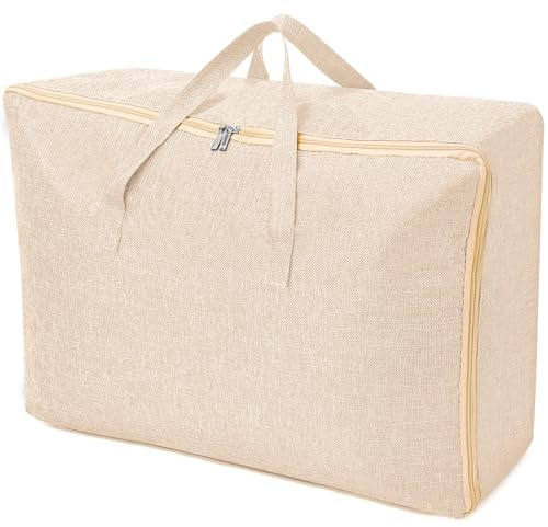 AiQInu Bolsa Almacenaje Ropa Grande 105L, Plegables Bajo Cama Bolsas para Guardar Ropa con Manillar, Impermeable Bolsa de Almacenamiento de Temporada, Edredones, Mantas, Moverse o Viajar Beige