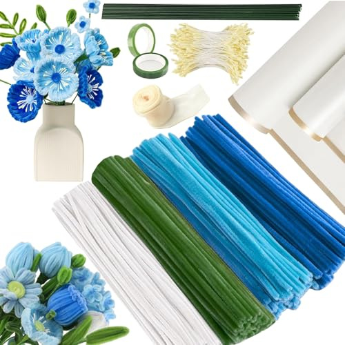 Kit de Fleurs DIY 400Pcs – Fil Chenille Pastel pour Enfants, Cure-Pipe Fleur avec Tige Verte, Pistil, Ruban, Papier Cadeau – Loisir Créatif Bouquet de Roses