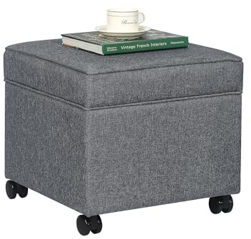 Edeco 17 Square Storage Ottoman with Wheels, Upholstered Linen Movable Cube Footrest & Extra Seat with Flip Top for Living Room, Bedroom, Dark Grey