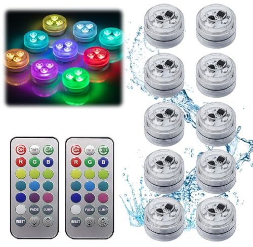 Afenau Mini Unterwasser Licht, 10 Stück LED Teelichter Bunt mit 2 Fernbedienung, 13 Farben RGB Mini Unterwasser Led Licht für Vase Base Aquarium Pool Teich Garten Halloween Party
