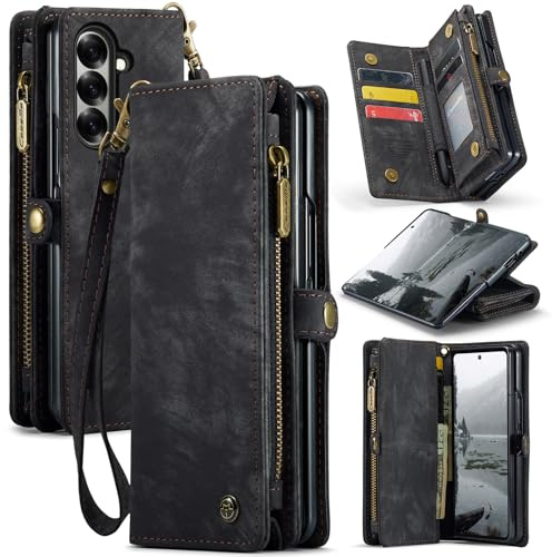 for Samsung Galaxy Z Fold 7 Wallet Case, Premium PU Leather Purse Magnetic Detachable Phone Cover with Zipper Pocket 9 Card Slots Hand Strap Horizontal Viewing Stand (Vintage Black, Z Fold 7)