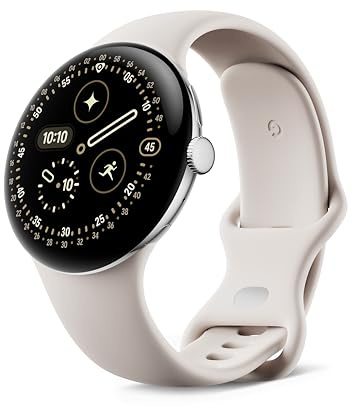 Google Pixel Watch 4 (45 mm) – Android-Smartwatch mit umfassendem Gesundheits- und Fitness-Tracking und Unterstützung von Gemini – Aluminiumgehäuse in Polished Silver – Sportarmband in Porcelain – LTE