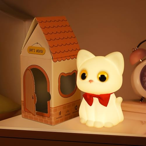 Katzen Nachtlicht Kinder, Stilllicht mit Klopfsensor, 7 Farben und 3 Helligkeitsstufen, Wiederaufladbar, Weiches Silikon, Nachtlampe, Geeignet für Kinderzimmer, Schlafzimmer, zum Weihnacht Verschenken