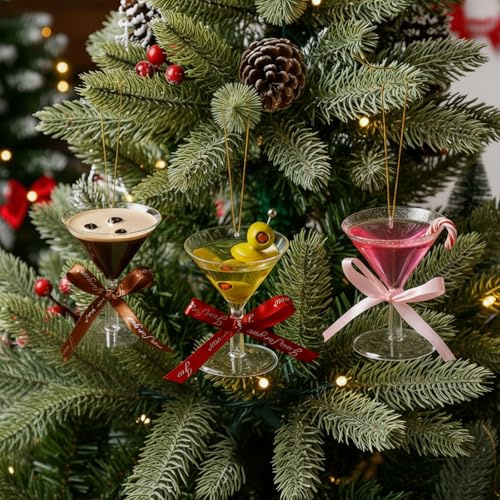 Marsui 3pcs Christmas Martini Ornaments Coffee Espresso Martini Hanging Ornaments Old World Cocktail Glass for Christmas Tree Decoration Handcrafted Holiday Gifts Adult Beverages Collection