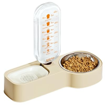 Automatischer Futter Wasserspender für Haustiere, Automatischer Futternapf zum Aufhängen für Käfige für Kleine Hunde, Welpen, Katzen, Kaninchen und Kleintiere (Beige, 520ml Wasser + 220g Futter)