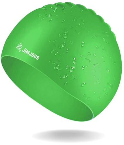 JIMJOOS Kids Swimming Cap 3–14 Years - Silicone Swim Cap for Boys & Girls - Anti-Slip, Stretchable, Waterproof Swimming Hat - Durable, Odour-Free Swim Hat with Protective Pouch (GREEN, 9-14 Years)