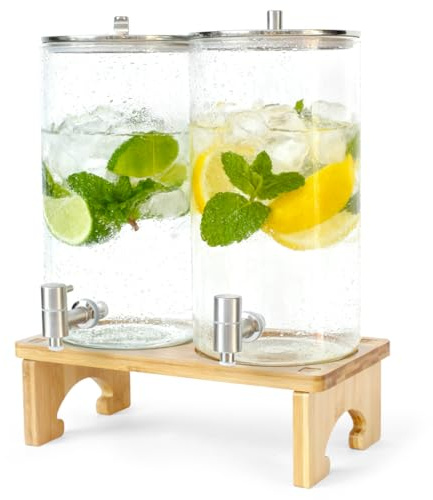 2 x 6 L Glas-Getränkespender mit Bambusständer & Edelstahlhahn | Getränkespender für geeiste Säfte, Wasser, hausgemachte Getränke, Partys, Hochzeiten