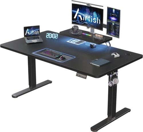 Airfish Höhenverstellbarer Schreibtisch 160 x 70cm mit Monitorständer | Schreibtisch Elektrisch mit LED Beleuchtung,Computertisch für Home Office und Gaming,Schwarz