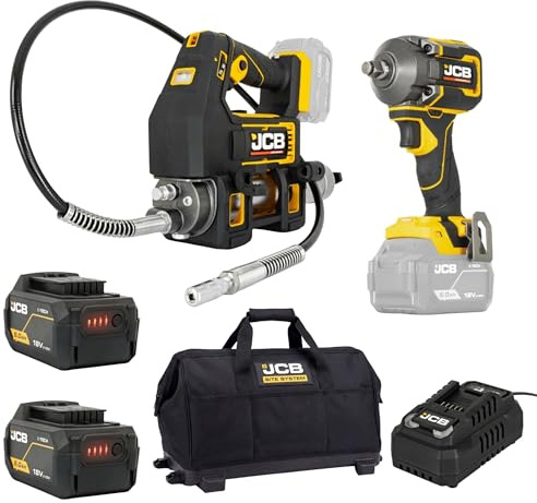 JCB Pro 18V with 1/2 Impact Wrench 620Nm + Cordless Grease Gun, 2× 5.0Ah Batteries & 4.5A Fast Charger, Supplied in Soft Tool Bag