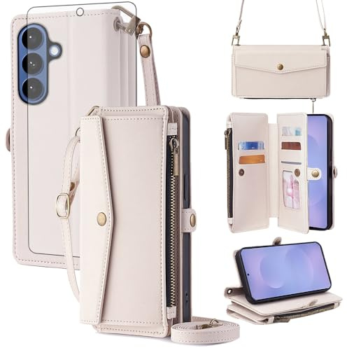 Asuwish Coque pour Samsung Galaxy S26 Plus S26+ 5G Portefeuille avec Verre Trempé et Cordon Porte Carte Chaine Cuir à Clapet Housse Support S 26 + 26+ S26Plus 26S Téléphone Case Femme Homme Blanche