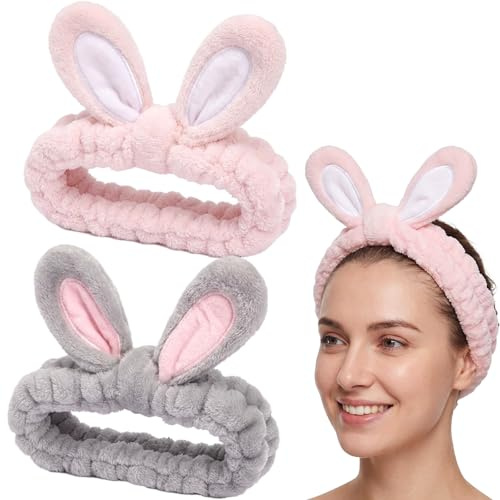 2 Stück Haarband Schminken Make Up Haarband Elastisch flauschig Hasen Ohren Hairband für Beauty Waschen Gesicht Spa Yoga (Rosa und Grau)