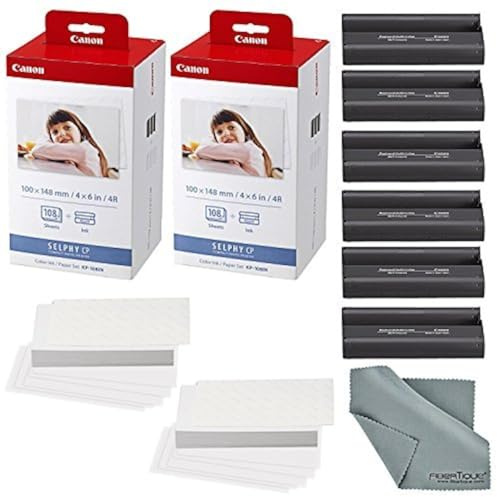 Canon KP-108IN Color Ink 108 Sheet 4x6 Paper Set (2-Pack) Bundle with Microfiber Cleaning Cloth (3 Items)