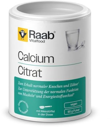 Raab® Calciumcitrat Pulver (90 g) - Organische Form ohne Zusätze | Unterstützung von Knochen, Muskeln & Energiestoffwechsel - Mit Messlöffel - Qualität aus Deutschland - Vegan