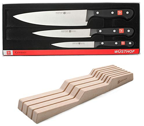 Wüsthof TR9675-8 Coffret Starter Kit avec 3 couteaux de cuisine Gourmet (office, Chef et pain) et un range-couteaux pour tiroir en bois