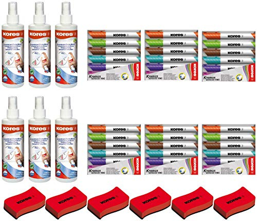 Kores Whiteboard Reiniger, Pump-Spray-Flasche, 250 ml (6, Whiteboard-Reiniger + Löscher + 6 Marker)